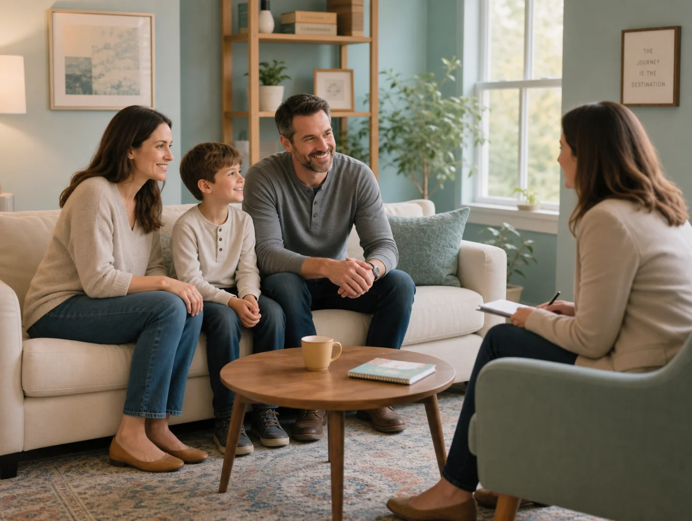 Family members gathered in a calm consultation setting