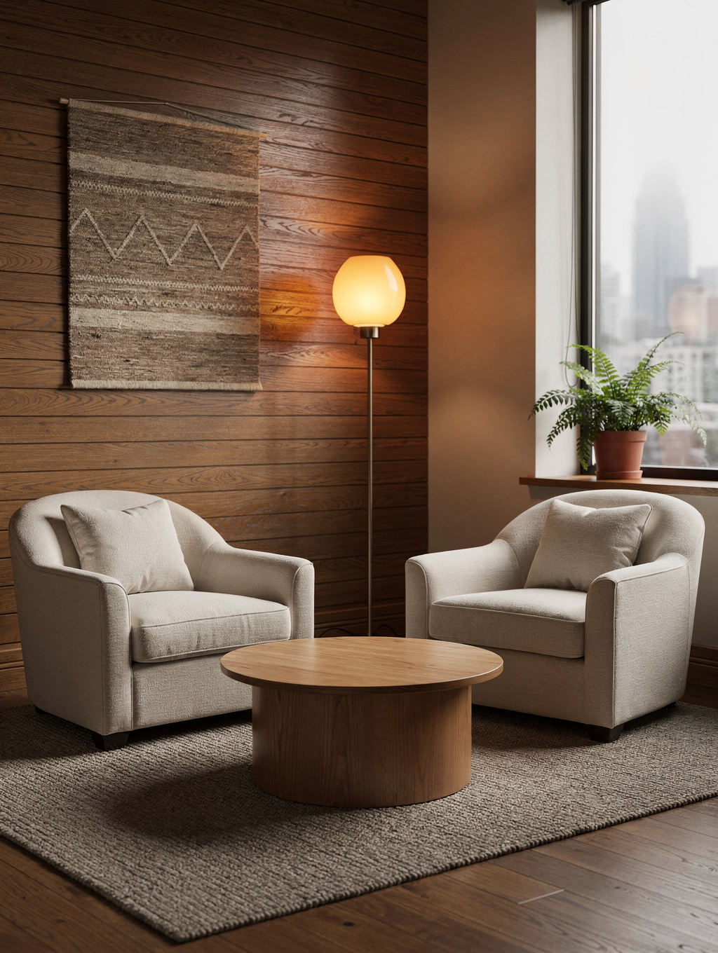 Peaceful sunlit counseling room with comfortable armchairs and warm textiles