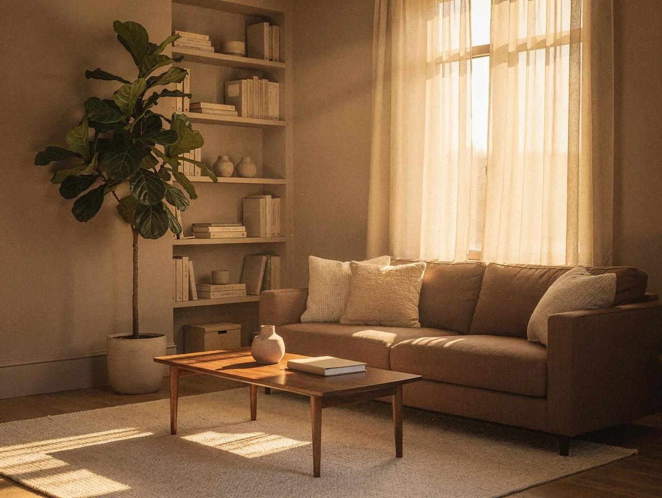 Warm, sunlit reception-style setting with natural wood tones.