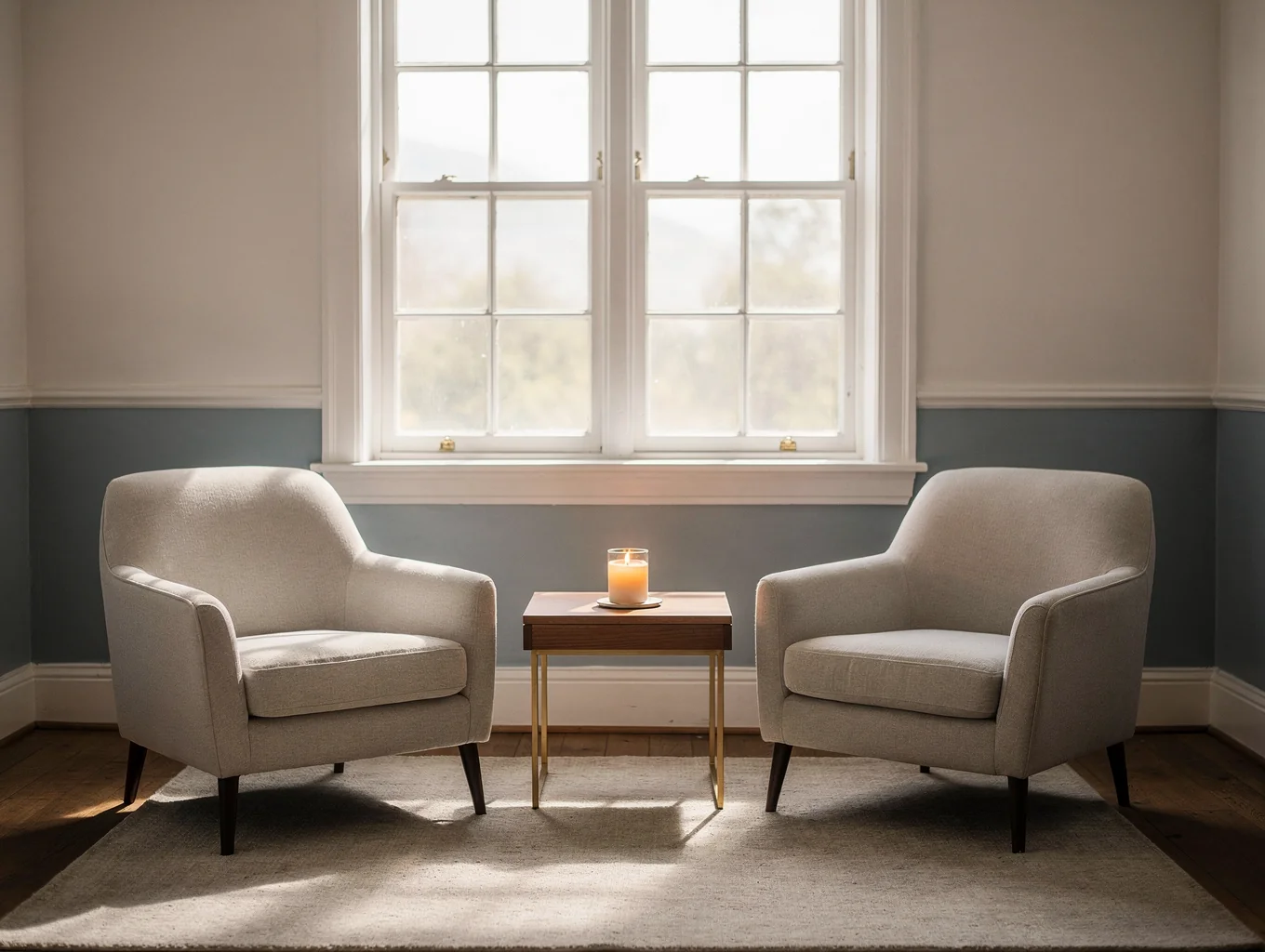 Warm wooden table and seating for couples therapy sessions