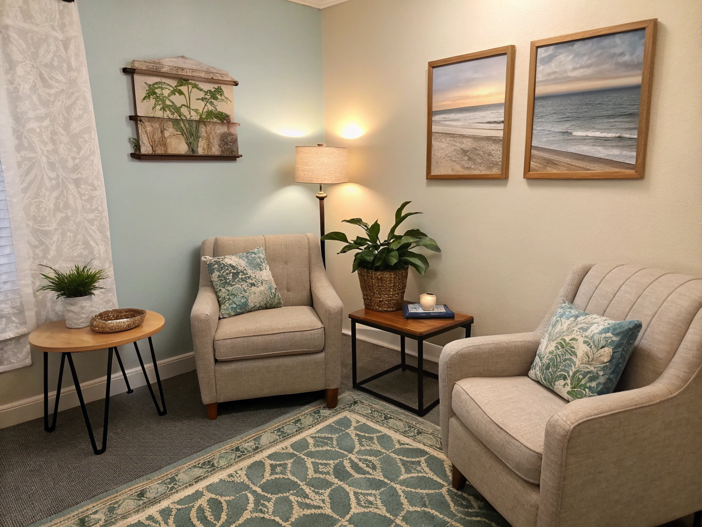 Comfortable therapy seating area with warm afternoon natural light